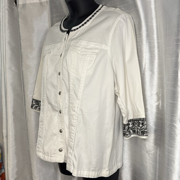 Live A Little LAL Embroidered Snap Up Stretch White 3/4 Sleeve Jacket Blazer - Picture 3 of 8